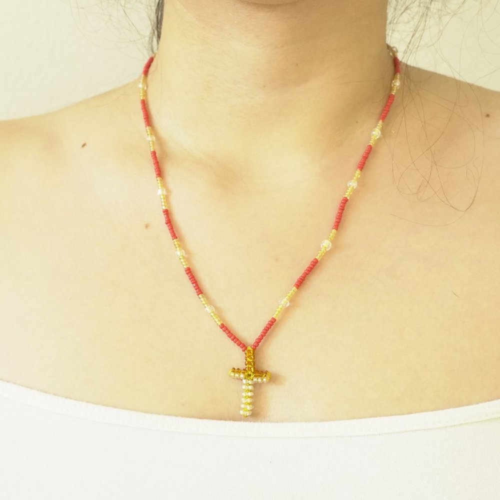 Mexican Handmade Beaded Crucifix 10" Necklace